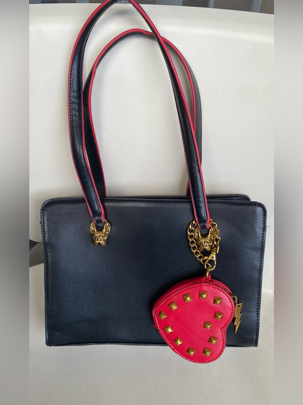 Betsey Johnson Black Satchel with Red Trim and Heart Coin Pouch